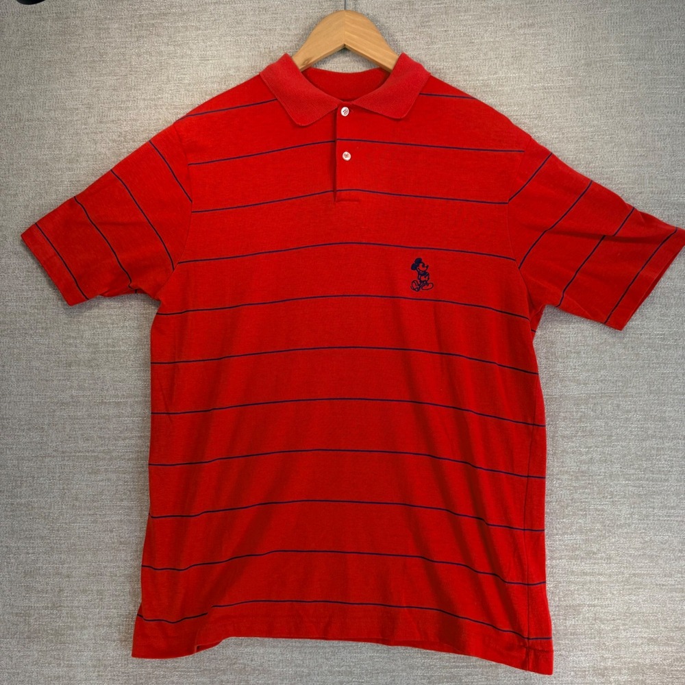 80s Vintage Disney Wear The Mickey Mouse Red Striped Polo DI05 Made n USA Size L